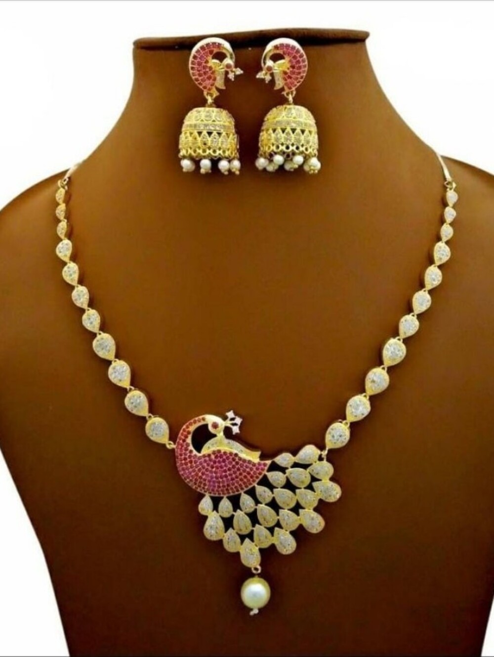 Elegant Gold-Tone Pink Peacock Ad To Necklace and Jhumka Earring Set